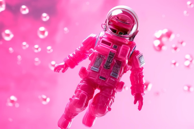 Free photo barbie doll in a pink astronaut suit floating on a a pink outerspace