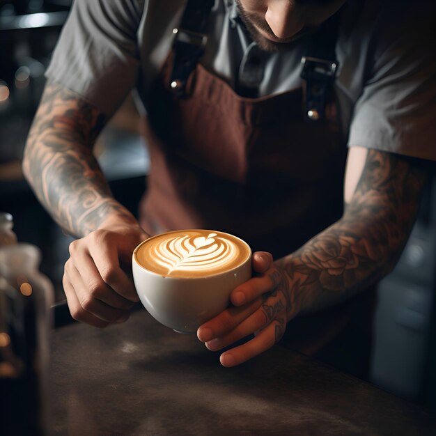 カフェでラテ・アート・コーヒーのカップを握っているバリスタ