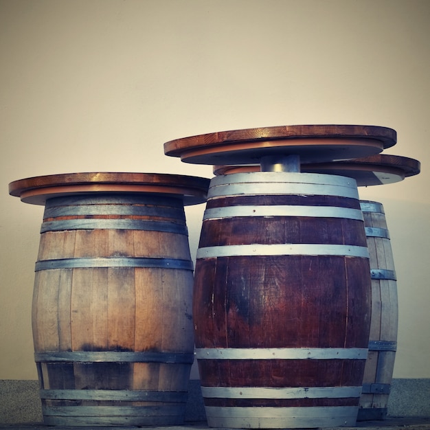 "Barrels serving as table"