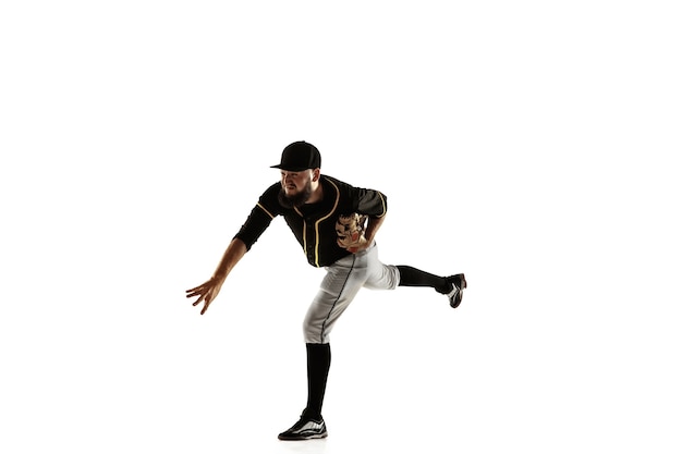 야구 선수, 검은 제복을 입은 투수 연습과 훈련 흰색 배경에 고립.