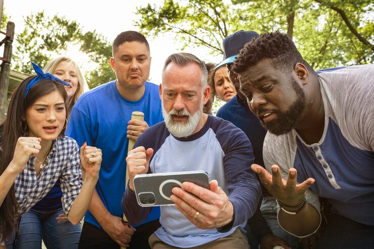 Baseball supporters watching their team lose the game on a phone