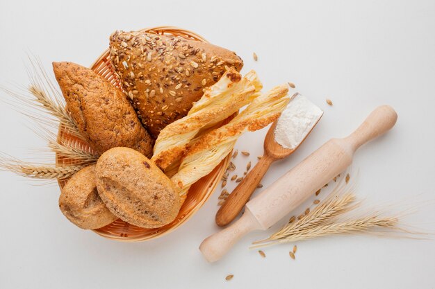Basket of bread and rolling pin