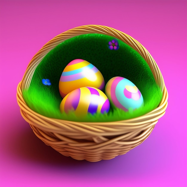 Free photo a basket of colorful easter eggs sits on a pink background.