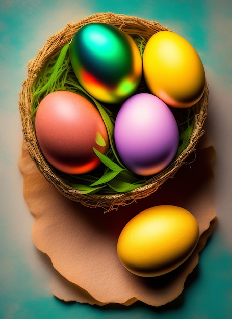 A basket of colorful easter eggs sits on a table.