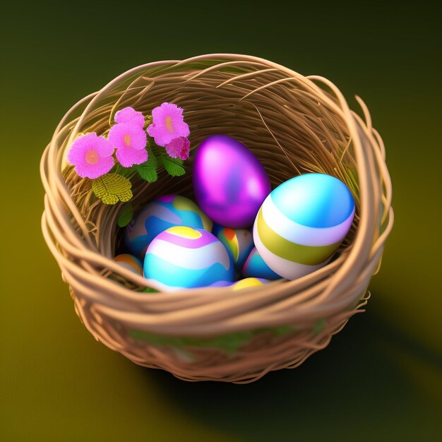 A basket of easter eggs with pink flowers in it.