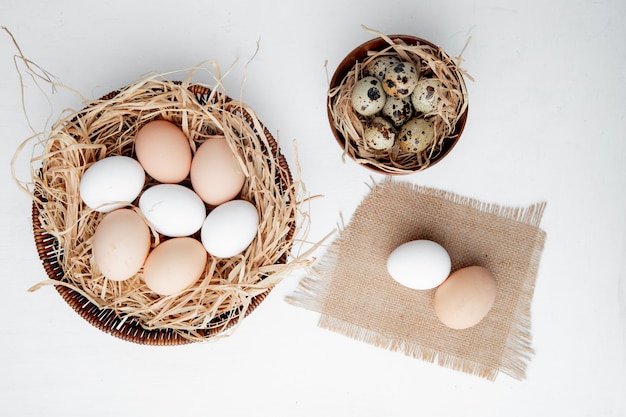 Free photo basket of eggs in nest and bowl of eggs on white table