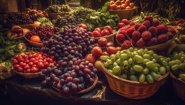 Un cesto di frutta e verdura è esposto in un mercato.