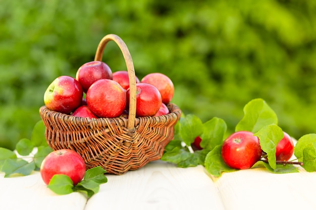 Basket red apples with green leaves on wooden background. harvesting