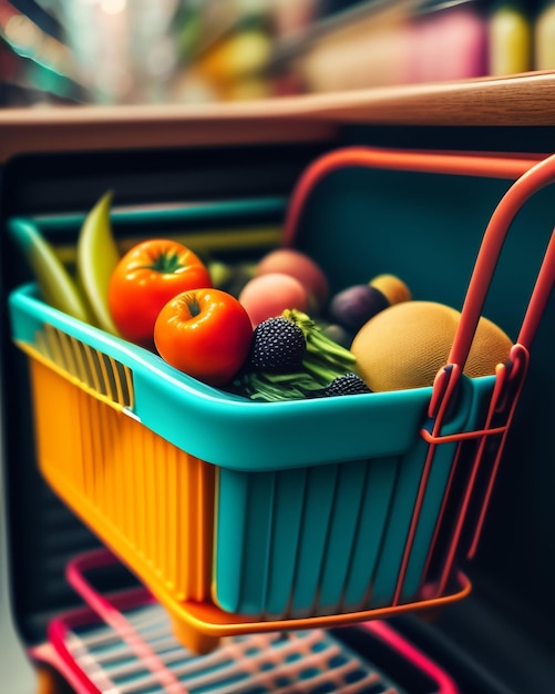 Foto gratuita un cesto di verdure è in un frigorifero con una maniglia rossa.