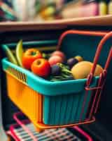 Free photo a basket of vegetables is in a fridge with a red handle.