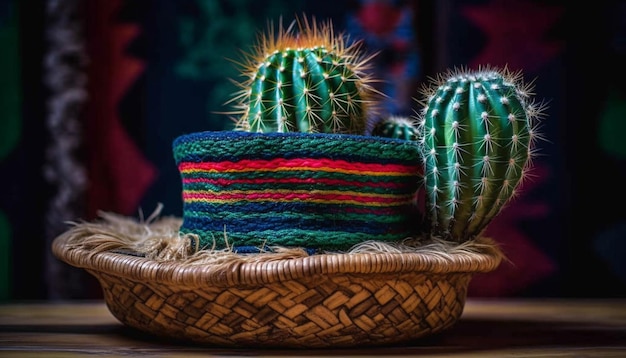 A basket with a cactus on it and a hat on the top.