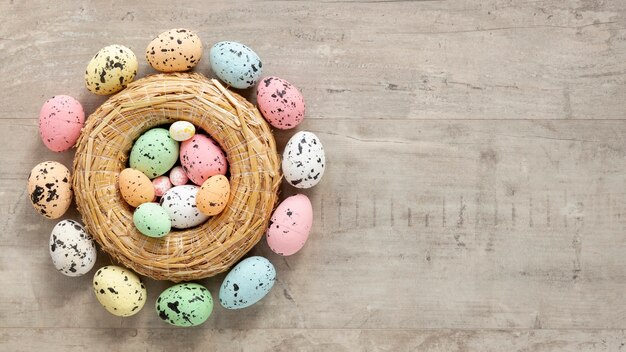 Basket with colorful painted eggs for easter