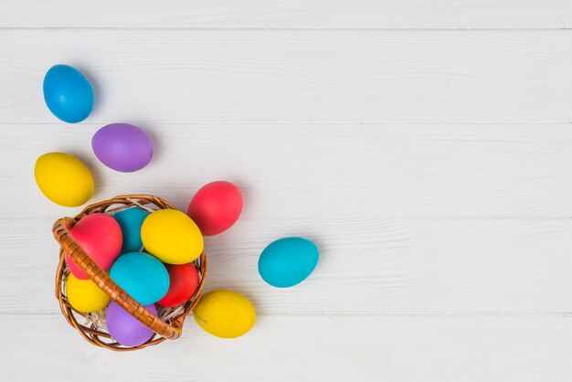 Basket with Easter eggs on table