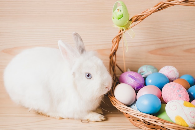 Free photo basket with eggs near white rabbit