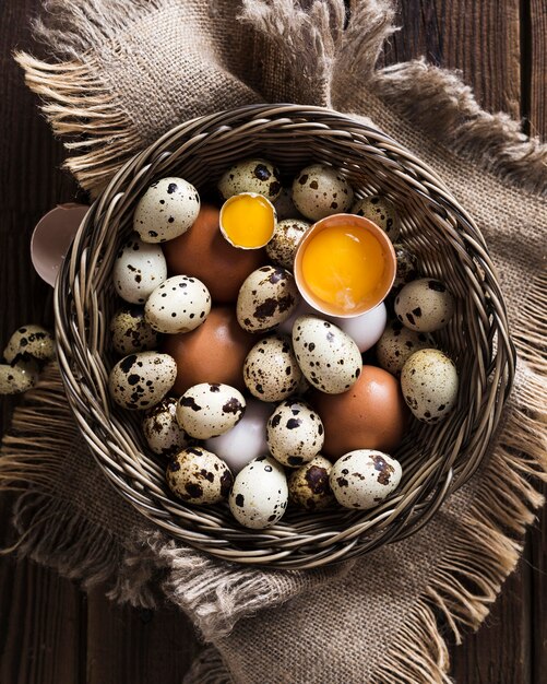 Basket with quail and chicken eggs
