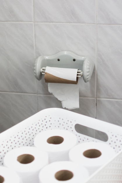 Basket with toilet paper rolls