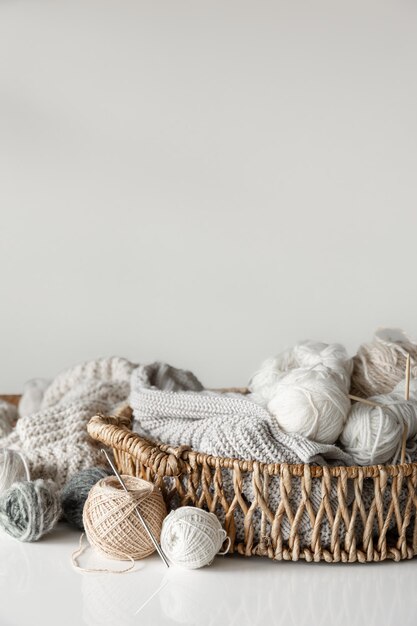 Basket with yarn closeup threads for knitting