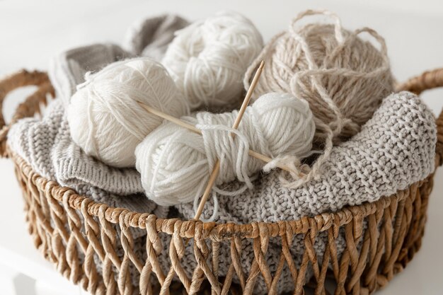 Basket with yarn closeup threads for knitting