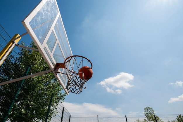 Basketball ball in hoop low angle shot