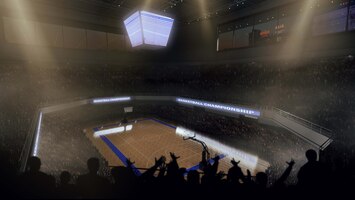 Campo da basket con fan di persone l'arena sportiva rende l'illustrazione 3d