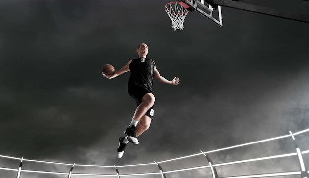 Free photo basketball player in action on sunset