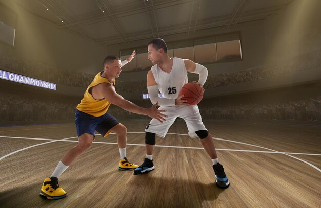 Basketball players on big professional arena during the game