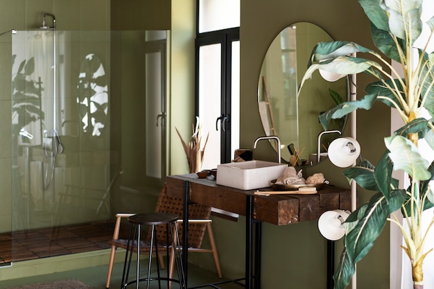 Дизайн интерьера ванной комнаты для зум-звонков с растением