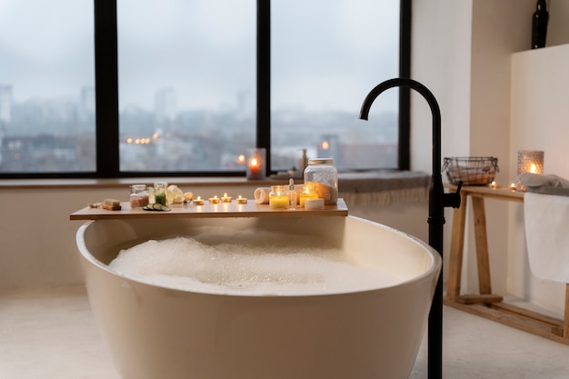 Bathroom with candles and a bathtub filled with water