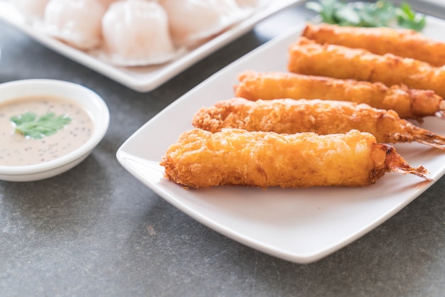 batter-fried prawns on table