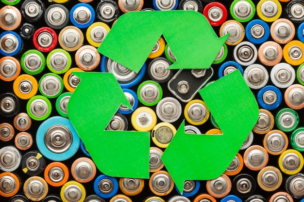 Battery pollution waste with recycle symbol