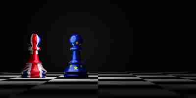 Free photo battle of united kingdom and eu flag which print screen on pawn chess  england have business conflict after out of euro zone concept by 3d render