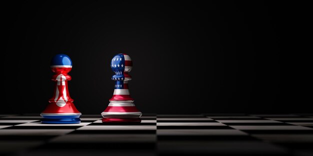 Battle of USA and North Korea flag which print screen on pawn chess  America and North Korea have military nuclear conflict and business sanctions concept by 3d render