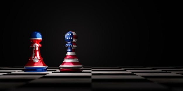 Battle of USA and North Korea flag which print screen on pawn chess  America and North Korea have military nuclear conflict and business sanctions concept by 3d render