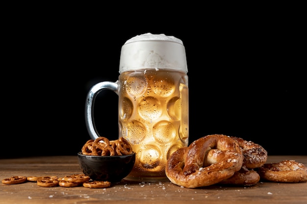 Bavarian drink and snacks on a wooden table