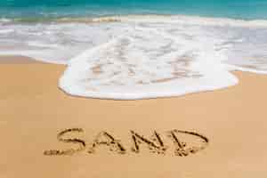 Free photo beach background with sand written in sand