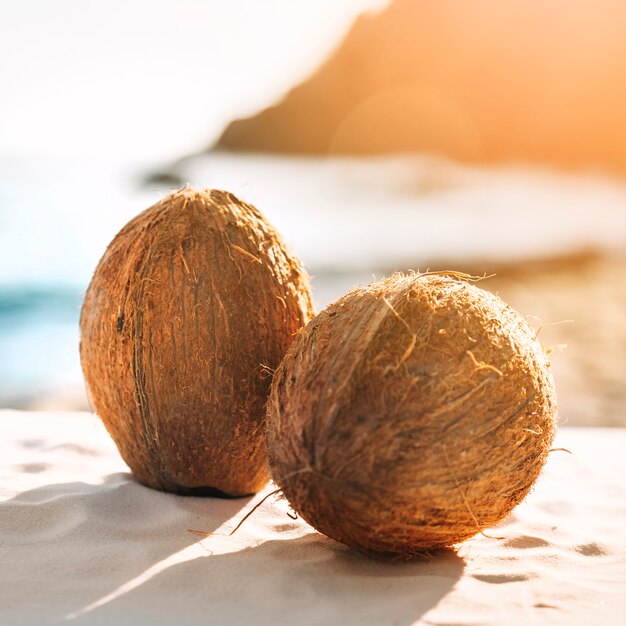 Beach background with two coconuts