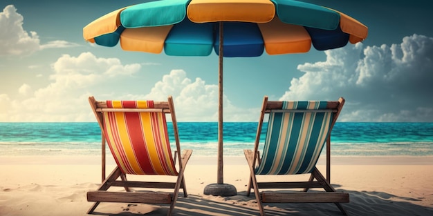 Beach chairs and umbrella on the sandy beach