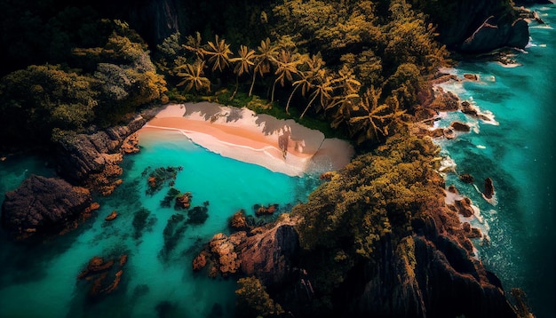 A beach at night with palm trees and a white sand beach.