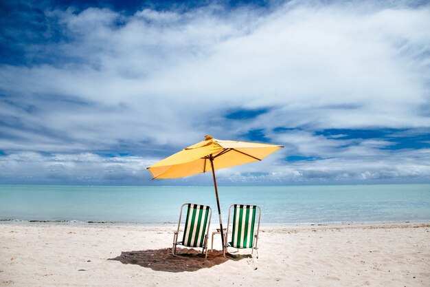 Beach parasol and green beach chairs on a shore