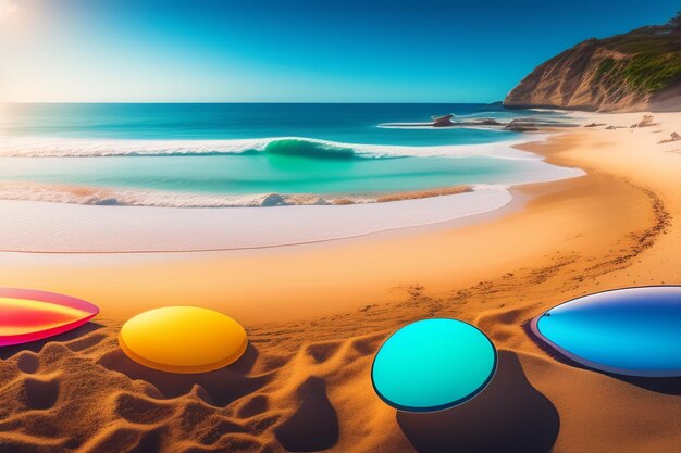 A beach scene with a beach scene and a blue sky.