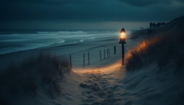 Free photo a beach scene with a lantern on the sand