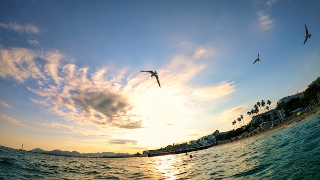 Beach at sunset in Cannes, France