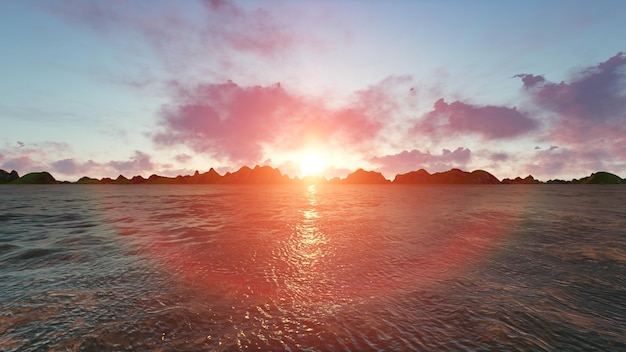 Beach at sunset with an island background