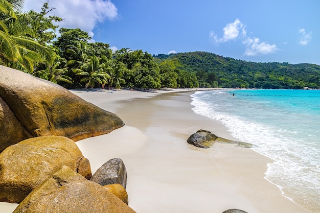 Пляж в окружении моря и зелени под солнечным светом и голубым небом на Праслине на Сейшельских островах