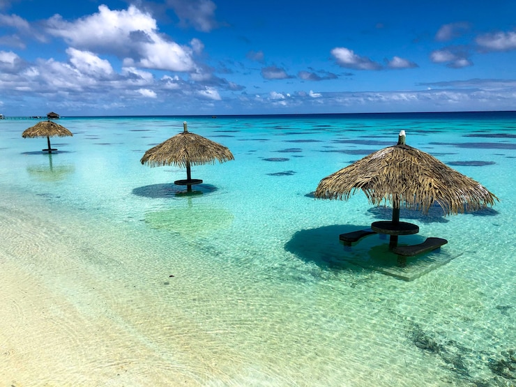 Free Photo beach umbrella in fakarawa lagoon