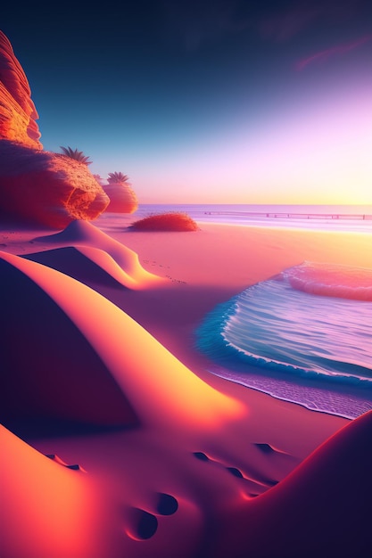 Пляж с розовой песчаной дюной и океаном на заднем плане.