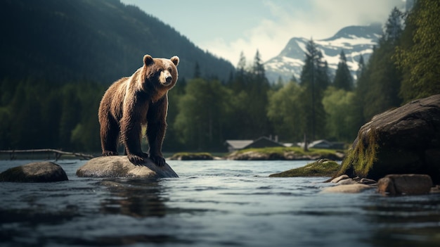 Free photo a bear on the bank of a river in the mountains