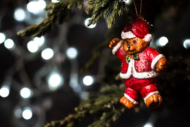 Bear in santa clothes ornament in tree