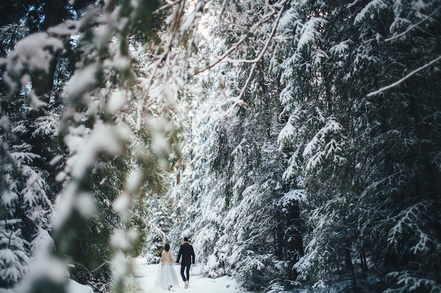 Бородатый мужчина и его прекрасная невеста позируют на снегу в волшебном зимнем лесу