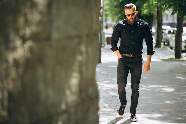 Bearded man model in the street